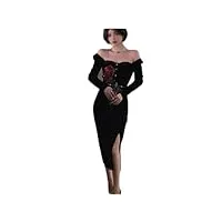 weissbier robe longue noire élégante en velours pour femmes, robe de soirée fendue avec chaîne gothique vintage, sexy, épaules dénudées (couleur : d, taille : s) (ds)