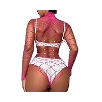 topjiao ladies sparkly lace collar sexy underwear long sleeve mesh body suit sous vêtement ronde (hot pink, one size)