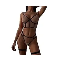 femmes sexy transparent lingerie dentelle maille strappy bretelles lingerie ensemble sous-vêtements lingerie homme cuir (black, l)