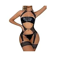 topjiao womens wet look lingerie body en cuir mesh patchwork halter neck high cut justaucorps body clubwear robe lingerie sexy (black, s)
