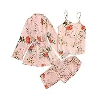topjiao + jarretelles femmes imprimé costume + pantalon gilet pyjamas 3 pcs chemise de nuit pyjamas satin fleur intimes slip coton (orange, xxl)