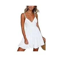 onayeyo robe d'été courte pour femme - col en v - robe d'été sexy - dos nu - dentelle - robe de plage - couleur unie - mini robe patineuse, blanc., l