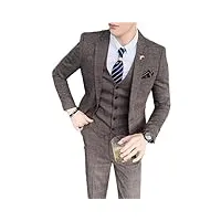 ensemble 3 pièces pour homme (veste + gilet + pantalon) en treillis - costume d'affaires formel pour marié - robe de mariée - carreaux, tz136 marron, xxl