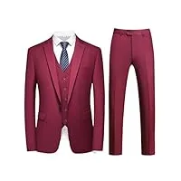 costume à double aération pour homme (blazer + gilet + pantalon) solide 3 pièces robe de mariée fête, rouge vin, 6x-large