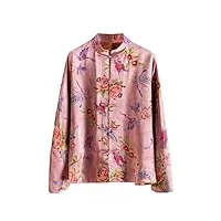 hangerfeng chemisier en soie à motif floral plissé imprimé col montant manches longues bouton main rose rétro top 110, rose, taille xl