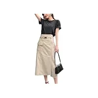 jupe midi en cuir véritable beige taille haute a-line maxi jupe en peau de mouton fente sur le devant robe de style coréen pour femme, blanc crème, 40