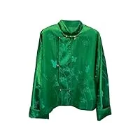 hangerfeng chemisier en soie pour femme avec motif papillon en bambou plissé col montant manches longues bouton à la main rétro top 112, vert, taille l
