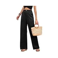 pasuda pantalon femme Été lin pantalons fluide taille haute pantacourt décontractée avec bouton ample coton léger longueur droit pants avec poches (noir, xl)