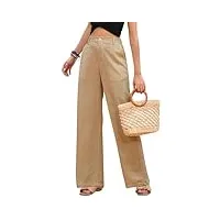 pasuda pantalon femme Été lin pantalons fluide taille haute pantacourt décontractée avec bouton ample coton léger longueur droit pants avec poches (kaki, xxl)