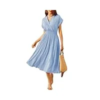 grace karin robe d'été décontractée en lin pour femme avec col en v et poches, bleu clair, l