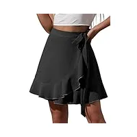 feoya jupe volante courte femme taille haute jupe portefeuille volantée mini jupe eté plage à taille nouée noir l