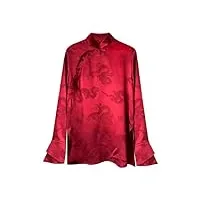hangerfeng chemisier en soie pour femme motif dragon chinois plissé col montant manches longues rétro top 116, rouge, taille l