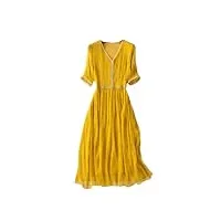 robe de soirée en soie de mûrier 100 % naturelle pour femme avec col en v et manches mi-longues, jaune, xxl