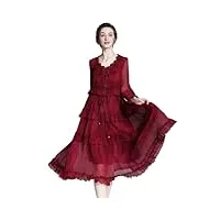 robe fluide 100 % soie de mûrier pour femme, couleur unie, manches longues, col en v, volants, robe de vacances, rouge, l