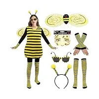 firecos déguisement abeille adulte costume d'abeille 6 pièces animaux cosplay avec ailes antenne bandeau lunettes de soleil gants chaussettes pour carnaval (abeille avec autocollant, xl 42-44)