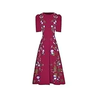 adhdyuud robe d'été vintage pour femme - col rond - manches courtes - broderie - taille haute - midi, rose rouge, xxl