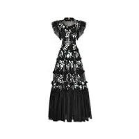 adhdyuud robe d'été vintage en maille pour femme, col montant, taille élastique, volants, noir , xxl