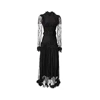 robe d'été mseh à col rond pour femme, style vintage, manches longues, appliques et volants, noir , xl