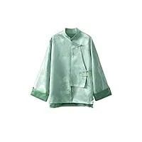 hangerfeng 123 veste en soie pour femme motif floral plissé col montant manches épaule bouton à la main rétro top 123, vert, taille xl