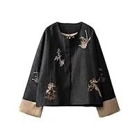 hangerfeng veste pour femme en soie parfumée nuage fil floral oiseau broderie col rond manches longues noir rétro haut 121, noir, large