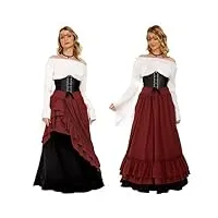 jonrryin robe médiévale pour femmes, rétro renaissance deguisement victorienne, flare manches taille haute accessoires de costume médiévaux, robe de fête gothique carnaval halloween (rouge, xxl)