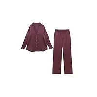 fulbant pyjama en satin pour femme 2 pièces rouge vin à manches longues col en v chemise ample à bouton unique + pantalon large taille haute, lot de 2 pièces., xs