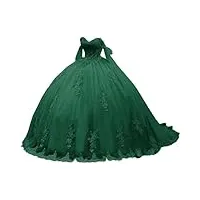tsxuelian robe quinceanera à épaules dénudées pour femme - tulle bouffant - applique en dentelle - robe de bal de mariage, vert émeraude, 40