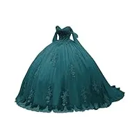 tsxuelian robe quinceanera à épaules dénudées pour femme - tulle bouffant - applique en dentelle - robe de bal de mariage, bleu sarcelle, 42