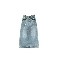 bciopll jupe en jean taille haute pour femme avec diamants et strass fendus bleus 2024, bleu jean, 52