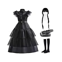 bemyl costume noir pour filles, robe mercredi fille, robe pour enfants, costumes de famille noirs, costumes d'halloween, robe de soirée pour filles, deguisement mercredi, 160cm