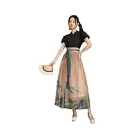 style chinois noir manches bouffantes top dentelle imprimé cravate hanfu jupe femmes moderne casual vêtements, jupe haute, 48