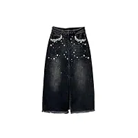 hndudnff jupe slim en jean taille haute pour femme avec strass et strass, noir , 40