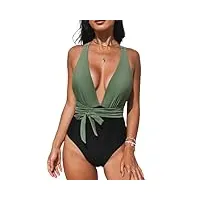 cupshe maillot de bain une pièce sexy à col en v profond pour femme avec dos croisé, vert/noir, taille l