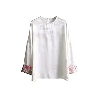 hangerfeng chemisier en soie pour femme motif peinture chinoise plissée col rond connecter les manches épaule bouton à main rétro top 129, blanc, taille xl