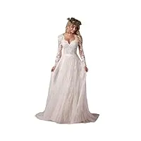 apzknhda femmes plage bohème tulle robe de mariée dentelle manches longues a - collection robes de mariée pour femmes, blanc, 42