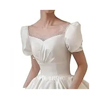 apzknhda robe de mariée en satin de soie à manches courtes avec bride vintage vent minimaliste, grande robe de mariée à la traîne, white, 10