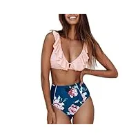 ensemble de bikini taille haute à volants roses et bleus pour femme - débardeur sexy - deux pièces - maillot de bain de plage (couleur : rose, taille : code moyen) (code grand rose)
