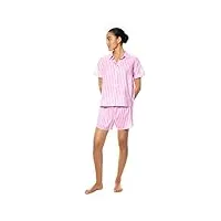 mey ensemble pyjama d'été 2 pièces pour femme - t-shirt rayé à manches courtes et short en coton avec cordon de serrage - 100 % coton - coupe décontractée - série ailina, rose bonbon, xxl