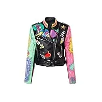 hgmmfz veste en cuir pour femmes manteau de moto punk rock imprimé de dessin animé blazer d'épissure de couleur contrastée vêtements de rue tendance