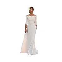 awupbdkr robe de mariée vintage manches 3/4 robe de mariée en satin sans Épaules avec fermeture Éclair à l'arrière, blanc, 2