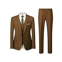 costume trois pièces pour homme - couleur unie - revers ample - boutonnage simple - pantalon de mariage - gilet, marron 1 bouton, 4x-large