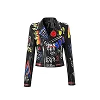 rock88 vestes de moto en cuir pour femmes manteau court à rivets slim impression graffiti grande taille blousons d'extérieur amples vêtements de motard,black,xl(bust:98cm)