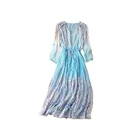 hangerfeng robe en soie imprimée florale avec col en v, manches 3/4, volants et cordon de serrage à la taille, jupe trapèze bleue 2778, bleu, taille xl