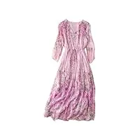 hangerfeng robe en soie imprimée florale avec col en v, manches 3/4, volants et cordon de serrage à la taille, jupe trapèze rose 2779, rose, taille s