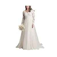 crioyxva femmes manches longues robe de mariée grande taille dentelle bohème robe de mariée tulle v - neck civil long, blanc, 32