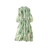 hangerfeng robe pour femme en soie avec broderie florale et col montant, manches longues, corde à la taille, jupe trapèze verte 2788, vert, taille m