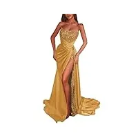 robes de bal à paillettes sirène fendue satin robe de soirée scintillante extensible avec train qsaw483, doré, 34