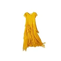 robe d'été en soie naturelle à manches courtes et col rond avec volants solides pour femme, jaune, m