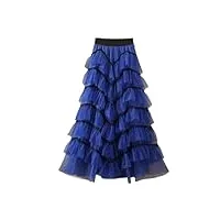 jupe longue tutu à volants en tulle à volants longueur cheville taille haute plissée longue jupe en maille pour femme, bleu marine, 40