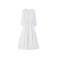 hangerfeng robe pour femme en soie brodée florale col en v manches 3/4 cordon de serrage à la taille midi jupe trapèze 2794, blanc, taille m